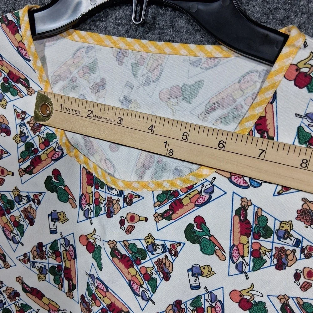 Vintage Food Pyramid Print Tabard Apron Yellow Gingham‎ Trim Smock Pockets Multi